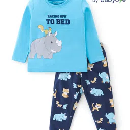 Babyoye 100% Cotton Knit Full Sleeves Rhino Print Night Suit -Blue-picture-27