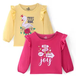 Doodle Poodle 100% Cotton Full Peasant Sleeves Tops with Frill Detailing Duck & Text Print Pack of 2 - Yellow & Pink-image-36