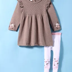 ToffyHouse 100% Cotton Knit Full Sleeves Winter Wear Floral Designed Sweater Dress with Stockings & Frill Detailing - Grey image 1