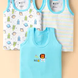 Bodycare Cotton Knit Sleeveless Animal & Space Theme Printed Sando Vests Pack of 3 - White & Light Blue-picture-17