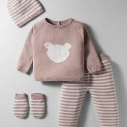 ToffyHouse Knit Full Sleeves Winter Wear Striped T-Shirt & Lounge Pant With Cap & Mittens - Light Pink-image-92