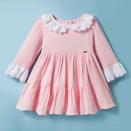 ToffyHouse Cotton Woven Full Sleeves Solid Frock With Lace Detailing - Pink-picture-37