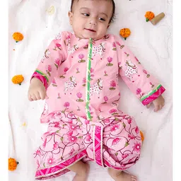 BownBee Pure Cotton Woven Full Sleeves Lotus & Cow Printed Gota Lace Embellised Kurta Dhoti Set - Pink-image-67