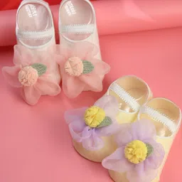 Yellow Bee Cotton Pack Of 2 Floral 3D Applique Detailed Socks - Multi Colour-image-71