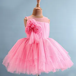 Bluebell Net Sleeveless Frock with Floral Applique - Pink image 2