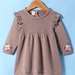 ToffyHouse 100% Cotton Knit Full Sleeves Winter Wear Floral Designed Sweater Dress with Stockings & Frill Detailing - Grey image 2