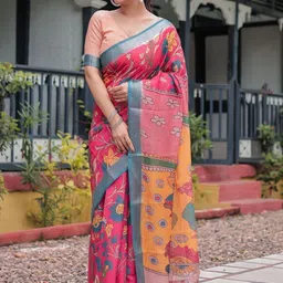 ALMAARI FASHION Floral Printed Zari Pure Linen Banarasi Saree With Unstitched Blouse Piece image 5
