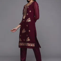 Mitera Burgundy & Gold-Toned Embroidered Unstitched Dress Material image 5