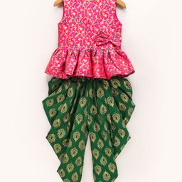 Twisha Sleeveless All Over Flower Motif Print Peplum Style Top With Contrast Dhoti - Pink Green-picture-6