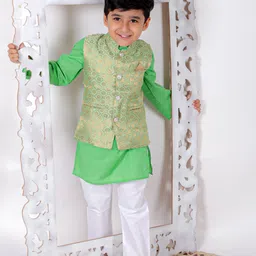 Superminis  Pure Cotton Full Sleeves Solid Kurta Pyjama With Dupion Silk Floral Block Motif Designed Jacket - Green-picture-38