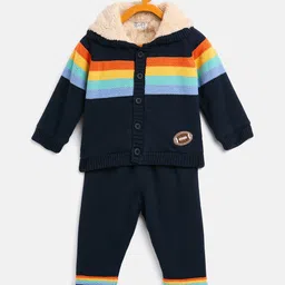 JWAAQ Cotton Blend Full Sleeves Striped Hooded Winter Set With Faux Fur - Navy Blue-picture-37