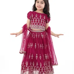 Babyhug Woven Half Sleeves Sequin Embroidered Choli Lehenga Set with Dupatta - Wine-picture-36