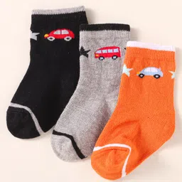 Cute Walk by Babyhug Knit Ankle Length Socks With Vehicle Design Pack of 3 - Black Grey & Orange-picture-20