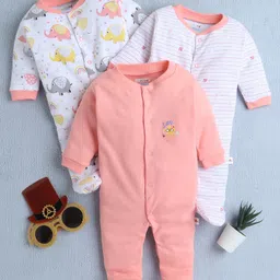BUMZEE Cotton Knit Pack Of 3 Full Sleeves Striped & Elephant Printed Footed Sleepsuits - Peach & White-picture-27