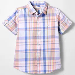 JASH KIDS Cotton Woven Half Sleeves Checkered Shirt - Peach Blue & White-image-45