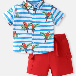 Babyhug Single Jersey Knit Half Sleeves Shirt & Shorts Set with Stripes & Bird Print - Blue & Red-picture-18