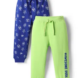 Babyhug Cotton Terry Knit Full Length Lounge Pants With Wholesome Dude Text Print Pack of 2 - Navy Blue & Light Green-image-81
