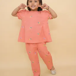 Little Ginnie Cotton Woven Half Puffed Sleeves Floral Embroidered Kurta Pyjama Set - Peach-picture-21