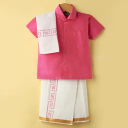 Dapper Dudes Half Sleeves Textured Shirt & Abstract Printed Mundu Lungi With Angavastram Set - Pink-picture-15