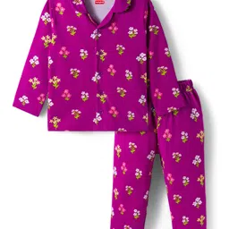 Babyhug Cotton Knit Full Sleeves Co-ords Night Suit With Floral Print - Purple-picture-24