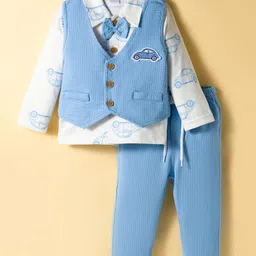 WOW Clothes Cotton Knit Full Sleeves Car Printed 3 Piece Party Suit With Bow Applique - Light Blue & White-picture-31