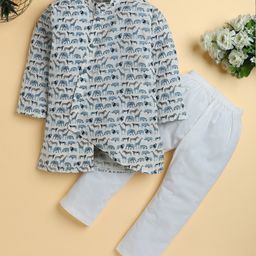 Polka Tots Cotton Woven Full Sleeves Wild Animals Printed Kurta Pyjama Set - Cream-picture-11