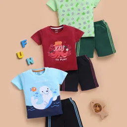 blushh berry Cotton Knit Pack Of 3 Half Sleeves Sea Life and All Set To Play Text Printed Tees With Shorts Set - Green Maroon & Blue-image-0