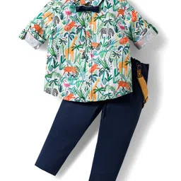 ToffyHouse Cotton Woven Full Sleeves Animals Printed Shirt & Pant Set With Bow & Suspender - Navy Blue-image-24
