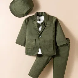 Robo Fry Cotton Woven Full Sleeves Solid 3 Piece Party Suit With Bow & Cap - Dark Green & White-picture-14