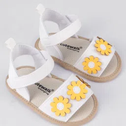 Cute Walk by Babyhug Velcro Closure Booties With Floral Applique - White image 2