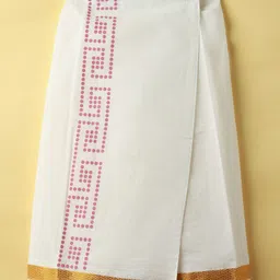 Dapper Dudes Half Sleeves Textured Shirt & Abstract Printed Mundu Lungi With Angavastram Set - Pink image 4