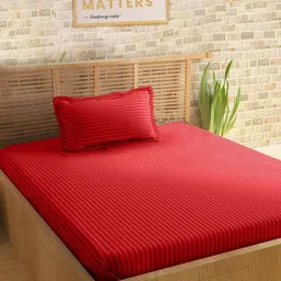Sleeping Owls Red Striped 210 TC Single Bedsheet with 1 Pillow Covers image 2
