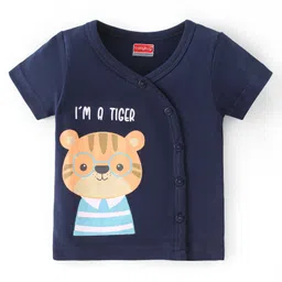 Babyhug 100% Cotton Interlock Knit Half Sleeves Front Open Vest Stripes & Tiger Print Pack of 3 - Blue White & Yellow image 5