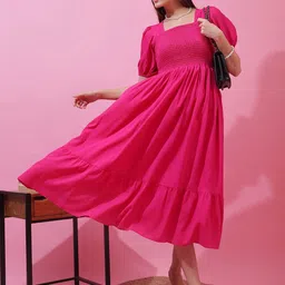 SHEETAL Associates Square Neck Puff Sleeves Cotton Fit & Flare Midi Dress-image-87