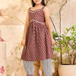 BAESD Girls Floral Printed Shoulder Straps Pure Cotton A-Line Kurta With Patiala image 4