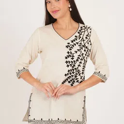 Missethic Botanical Embroidered V-Neck Pure Cotton Kurti-image-77