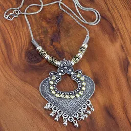 PRIVIU Silver-Plated Artificial Stones Studded And Beaded Statement Oxidised Necklace-picture-40