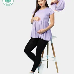 ECOMAMA Organic Cotton & Bamboo Antimicrobial Cap Sleeves Lounge Maternity Top Solid - Purple-picture-36