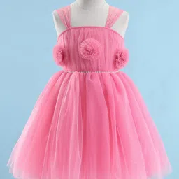 Bluebell Net DC Sleeveless Party Frock With Floral Corsage - Peach-picture-27