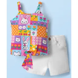 Babyhug Single Jersey Knit Singlet Top & Shorts Set with Bunny Print - White Purple & Pink-picture-27