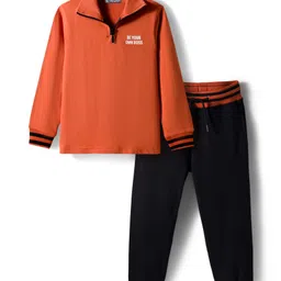Pine Kids Looper Knit Full Sleeves Winter Wear T-Shirt & Lounge Pant Set With Text Print - Dark Orange-picture-18
