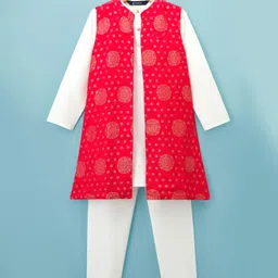 Pine Kids Woven Full Sleeves Kurta Pyjama Set With Foil Printed Nehru Jacket - Off White & Red-picture-25