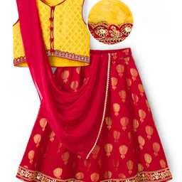 EARTHY TOUCH Brocade Woven Sleeveless Lehenga Choli & Dupatta Set with Foil Print - Red & Yellow-picture-12
