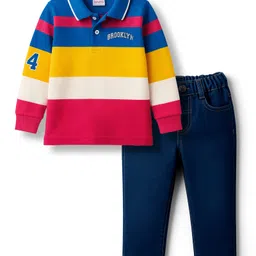 Babyhug Single Jersey Knit Striped Polo T-Shirt & Denim Jeans Set - Multicolor-picture-16