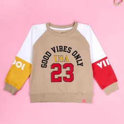 Kiddopanti Fleece Knit Raglan Sleeves Colour Blocked & Good Vibes Only Text Printed Light Winter Sweatshirt - Beige Yellow Coral & Pink-image-44