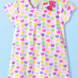 Babyhug Single Jersey Knit Half Sleeves Dresses With Heart Print & Bow Applique Pack of 2 - Dark Pink & White image 2