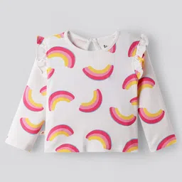 Bonfino 100% Cotton Knit Full Sleeves T-Shirts with Heart & Rainbow Print and Frill Detailing Pack of 3 - Yellow Pink & White image 2
