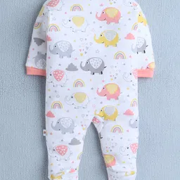 BUMZEE Cotton Knit Pack Of 3 Full Sleeves Striped & Elephant Printed Footed Sleepsuits - Peach & White image 4
