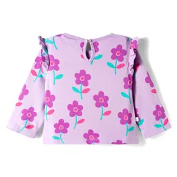 Bonfino 100% Cotton Knit Full Sleeves Oversized T-Shirt & Widelegged Leggings Co-Ord Set with Floral Print - Lilac image 3