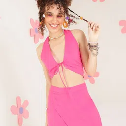 fuchsia PRETTY LOVING THING Halter Neck Sleeveless Crop Top With Skirt image 1